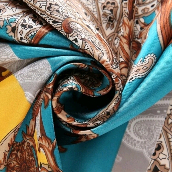 💖 2/$30 Square Satin oversized boho Floral blue paisley Old Money hair Scarf - Picture 14 of 16